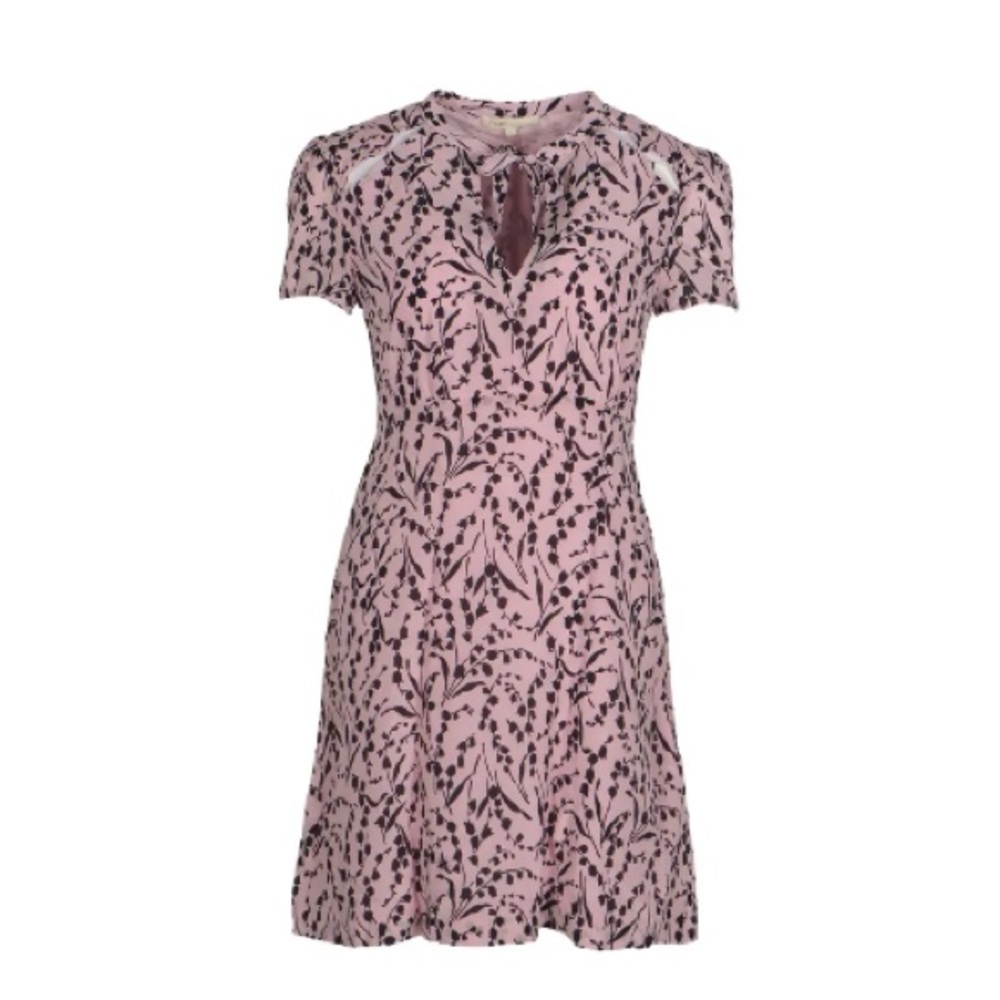 Maje Ramba Pink Floral Print Tie Neck Front Bow Silk Mini Dress Size Small
